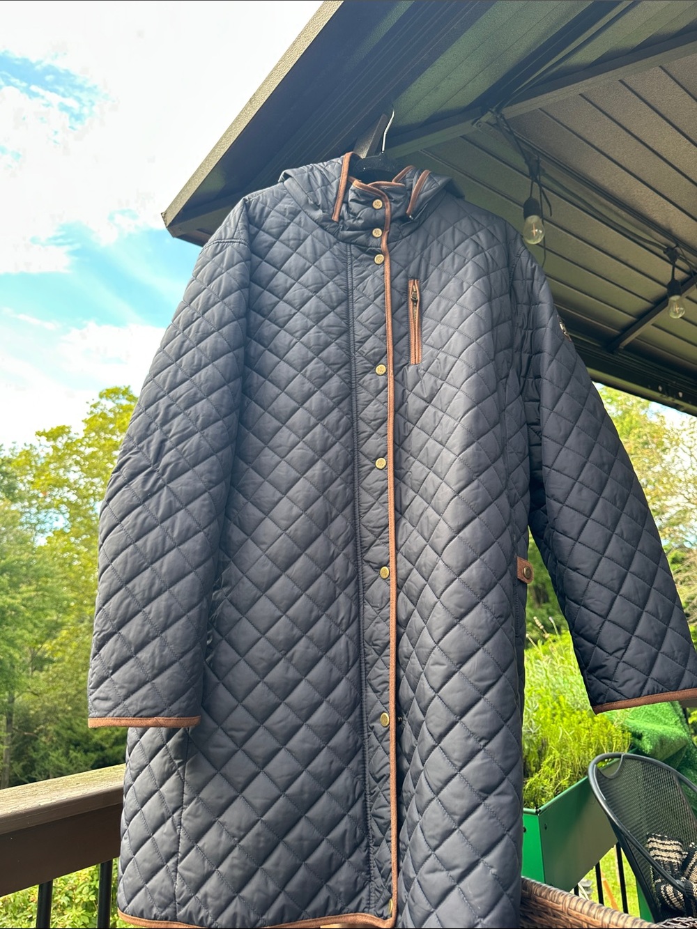 Ralph Lauren Quilted Hooded Puffer Coat in Navy with Brown Trim